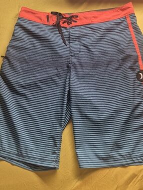 Hurley Blue Striped Board Shorts with Red Waistband